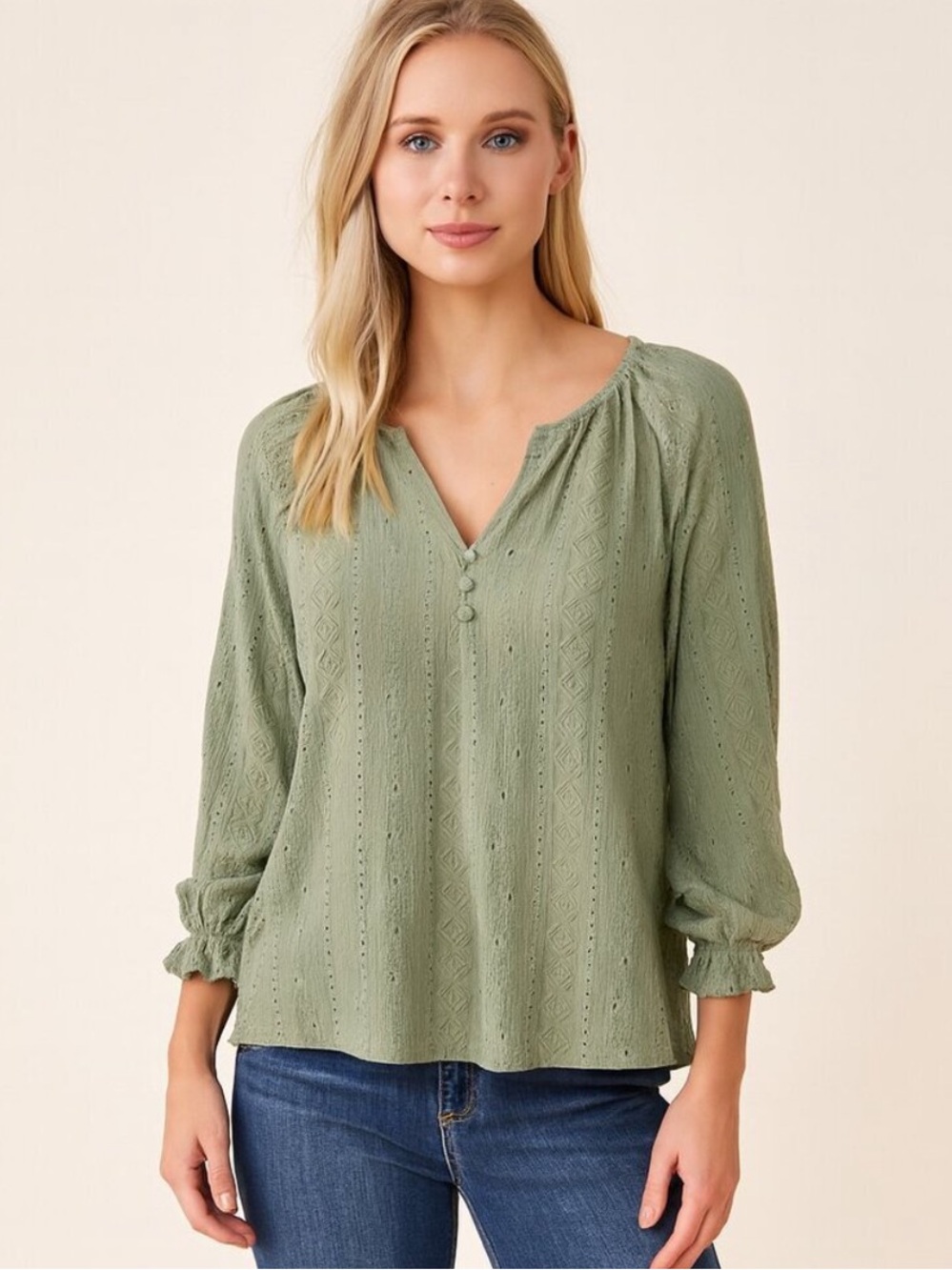 Frye Women’s Green Textured Peasant Blouse – Long Sleeve Boho V-Neck Top Medium